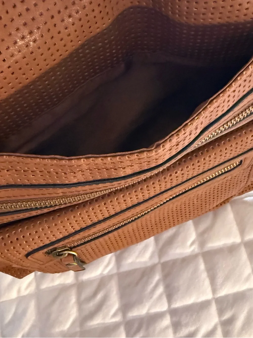 GAL Cognac Brown Faux Leather Perforated Multi Pocket Crossbody Bag Purse